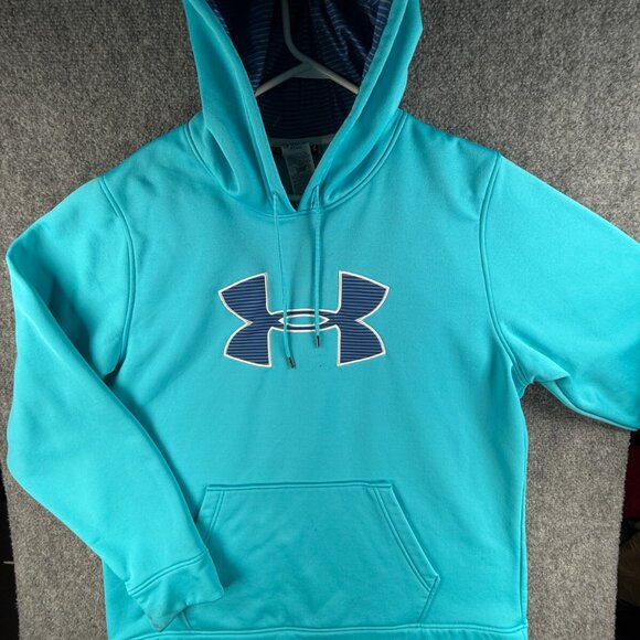Under Armour Men Cold Gear Light Blue Hoodie Size XL Pullover Hooded Big Logo - Picture 1 of 16